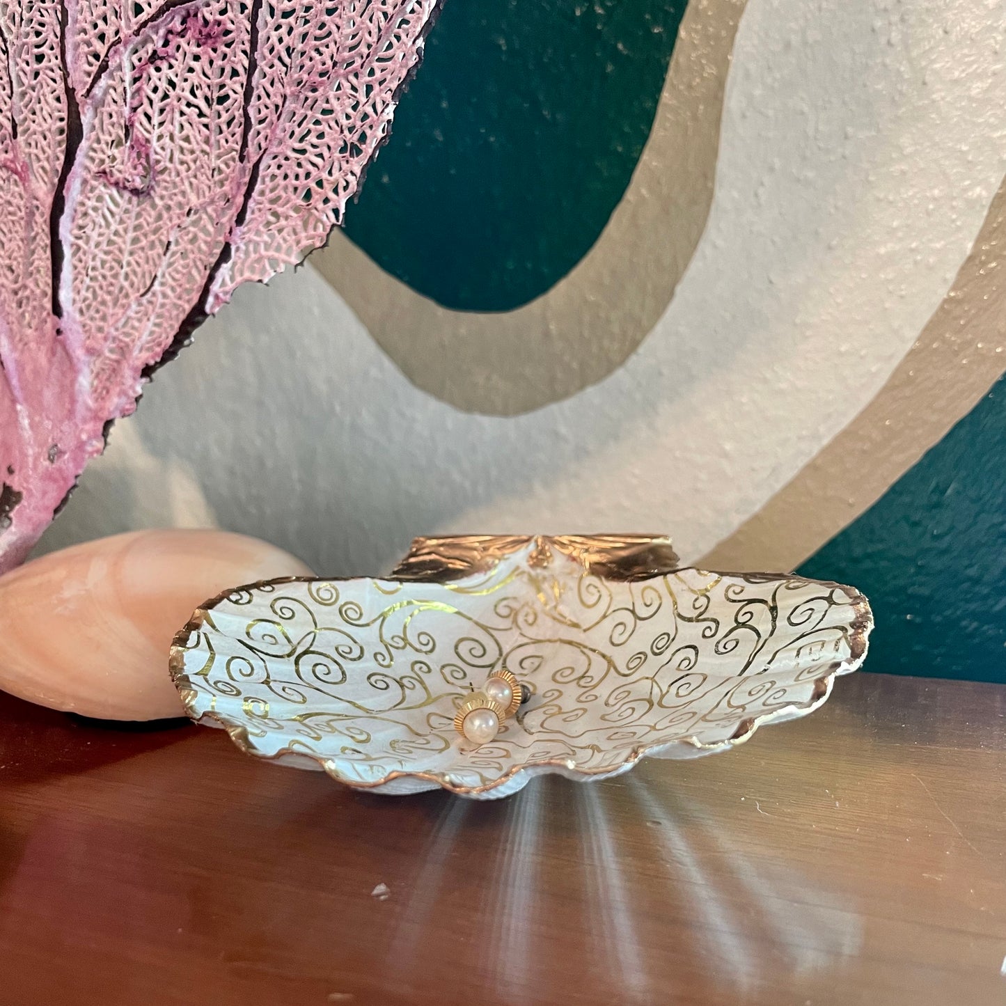 Gilded-Scroll Seashell Jewelry Tray