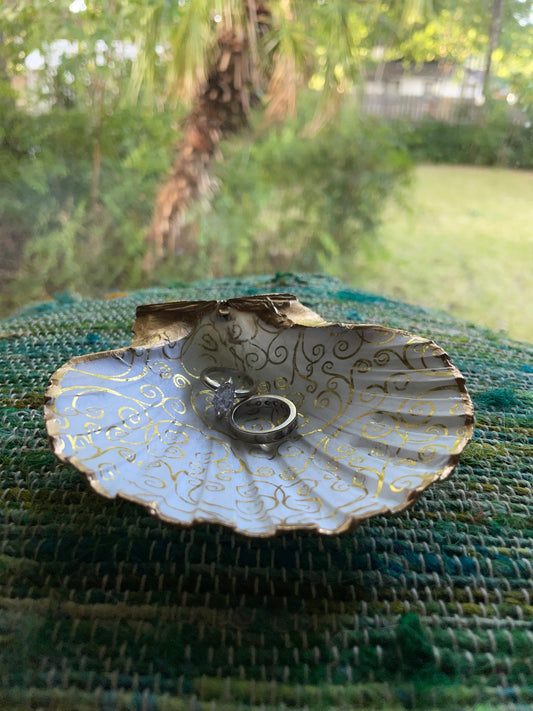 Gilded-Scroll Seashell Jewelry Tray